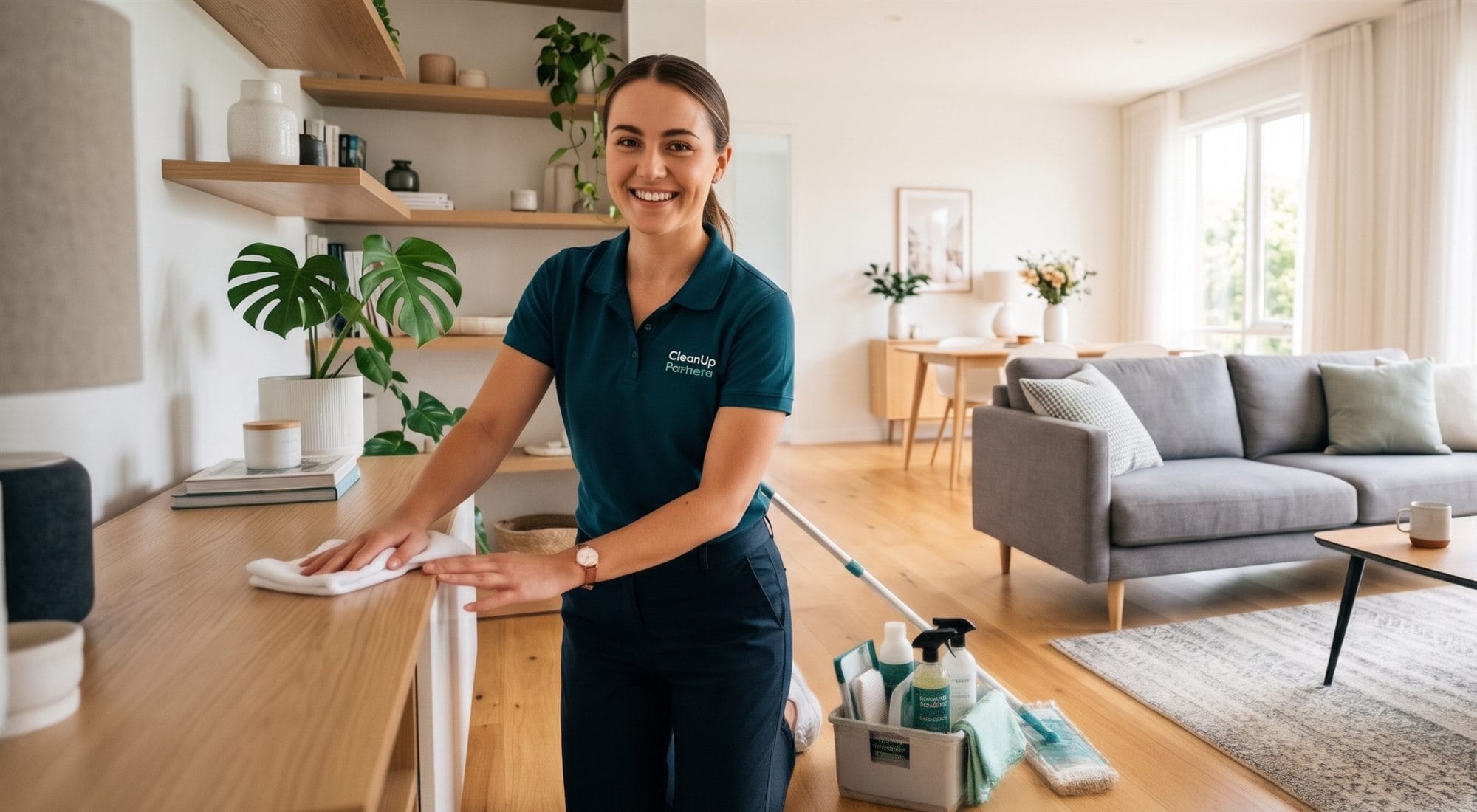 A smiling CleanUp Partners cleaner in a teal uniform wiping a shelf in a bright, tidy Sydney living room