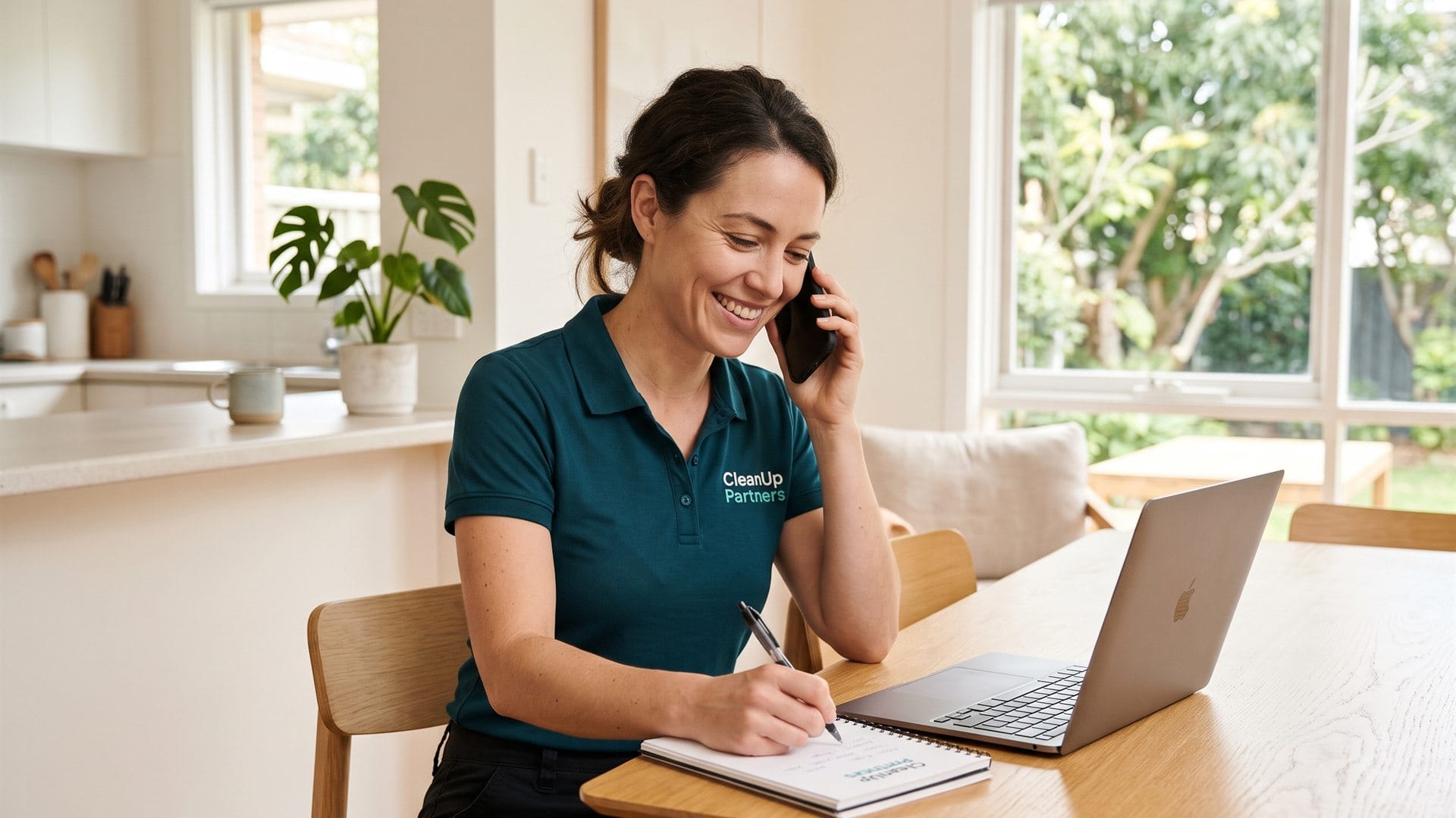 A CleanUp Partners team member taking a booking on the phone at a bright kitchen table